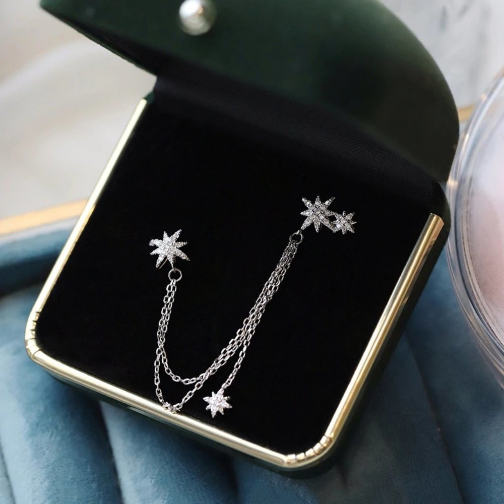 925 Sterling Silver Diamond Star Chain Earrings - Picture 3 of 8